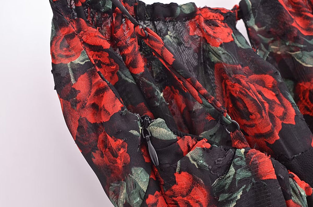 Women Rose Jacquard Printed Slim Waist Fishtail Cami Dress