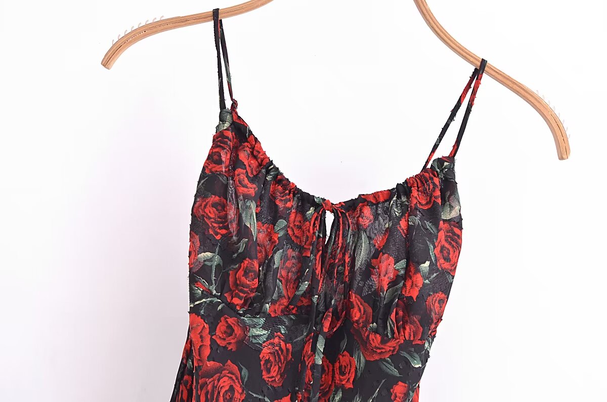 Women Rose Jacquard Printed Slim Waist Fishtail Cami Dress