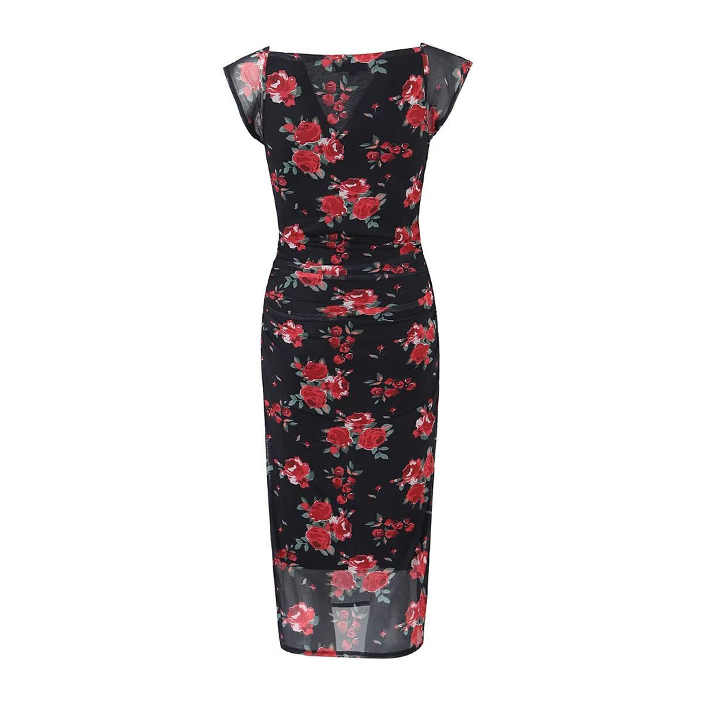 Women Clothing Spring Summer Retro Mesh Floral Slim Fitting Slimming Maxi Dress