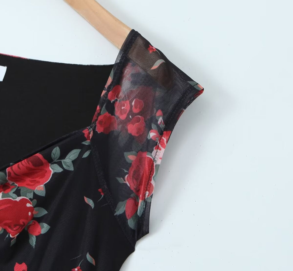 Women Clothing Spring Summer Retro Mesh Floral Slim Fitting Slimming Maxi Dress