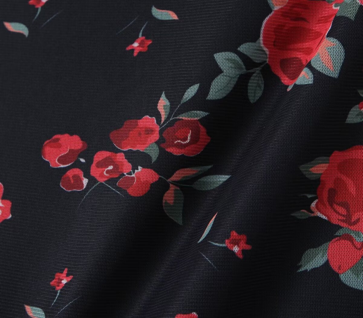 Women Clothing Spring Summer Retro Mesh Floral Slim Fitting Slimming Maxi Dress