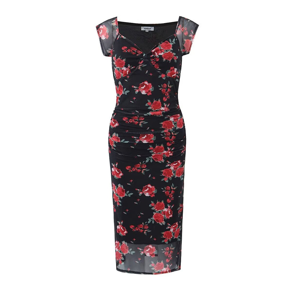 Women Clothing Spring Summer Retro Mesh Floral Slim Fitting Slimming Maxi Dress