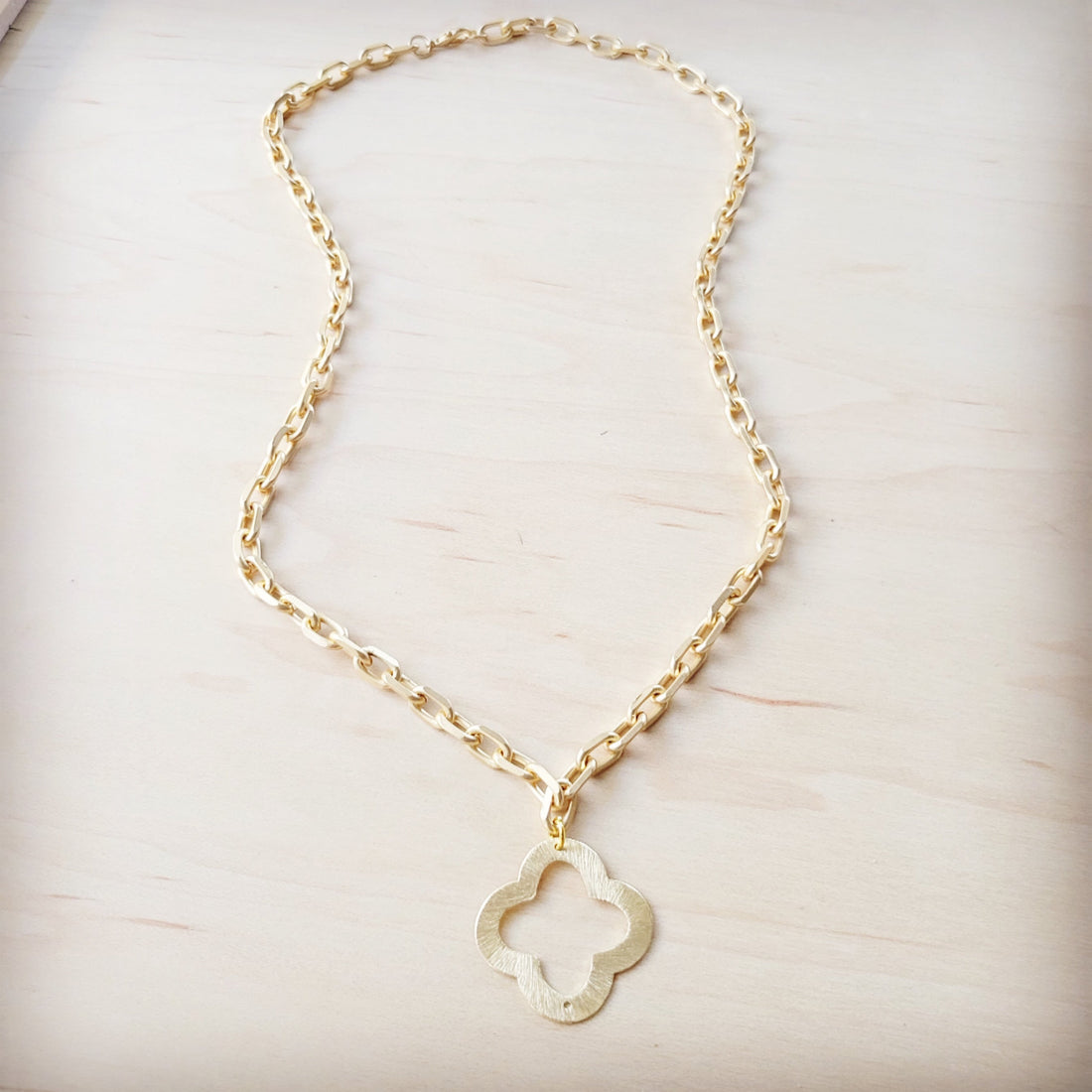 Matte Gold Small Quatrefoil Pendant Necklace Minimalist Jewelry - Image 2