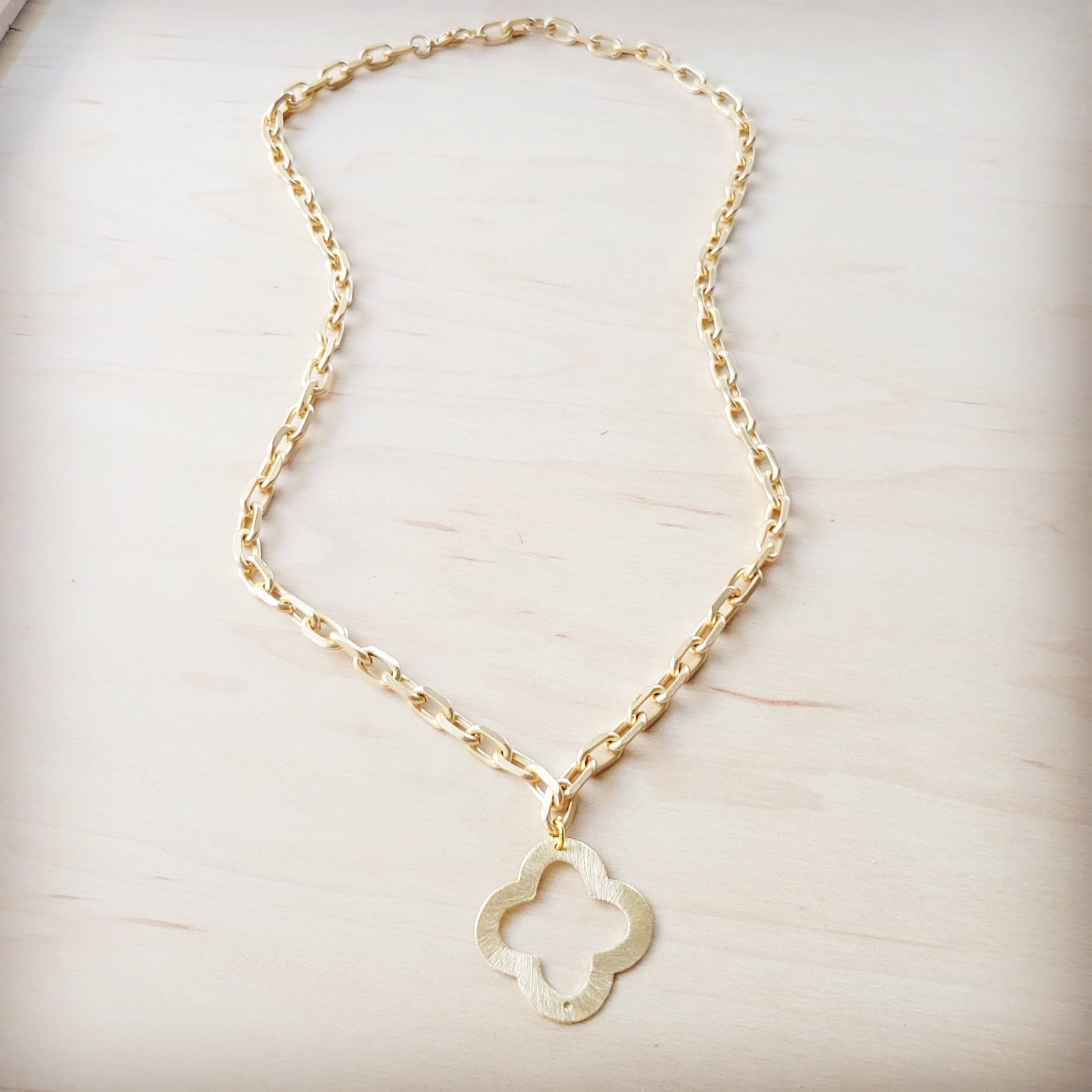 Matte Gold Small Quatrefoil Pendant Necklace Minimalist Jewelry - Image 2