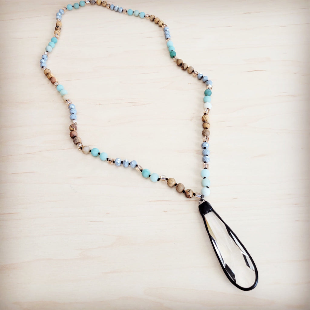 Long beaded necklace featuring Amazonite and Picture Jasper beads with a clear crystal teardrop pendant