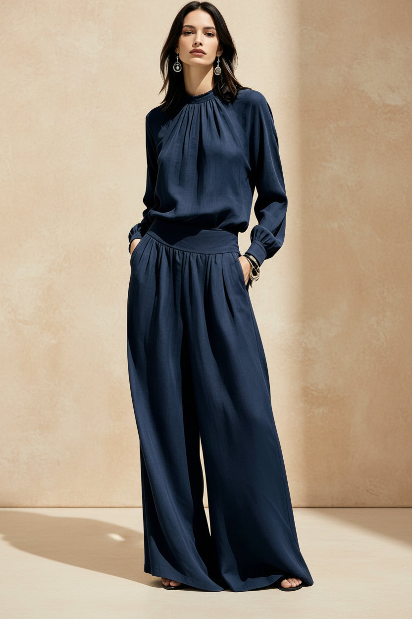 Women's Stand-Up Collar Puff Sleeve Blouse & Wide-Leg Pants Set