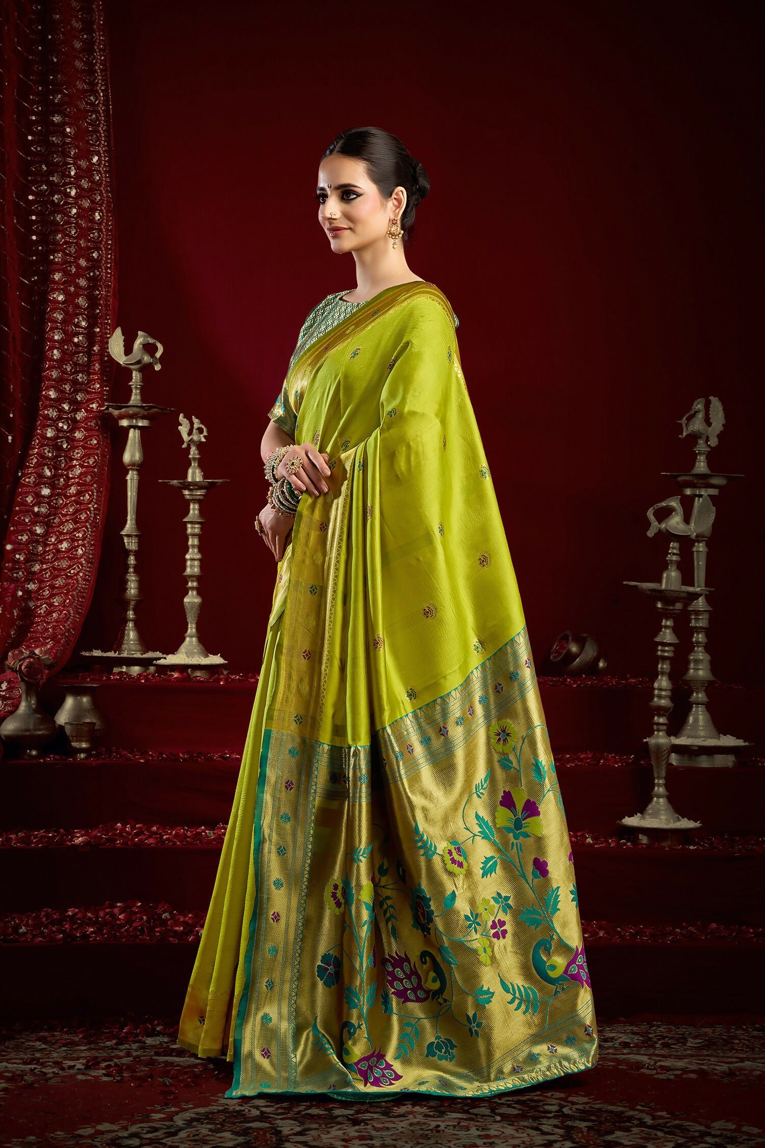 Joban Fashion Mustard Green Paithani Silk Blend Butti Saree