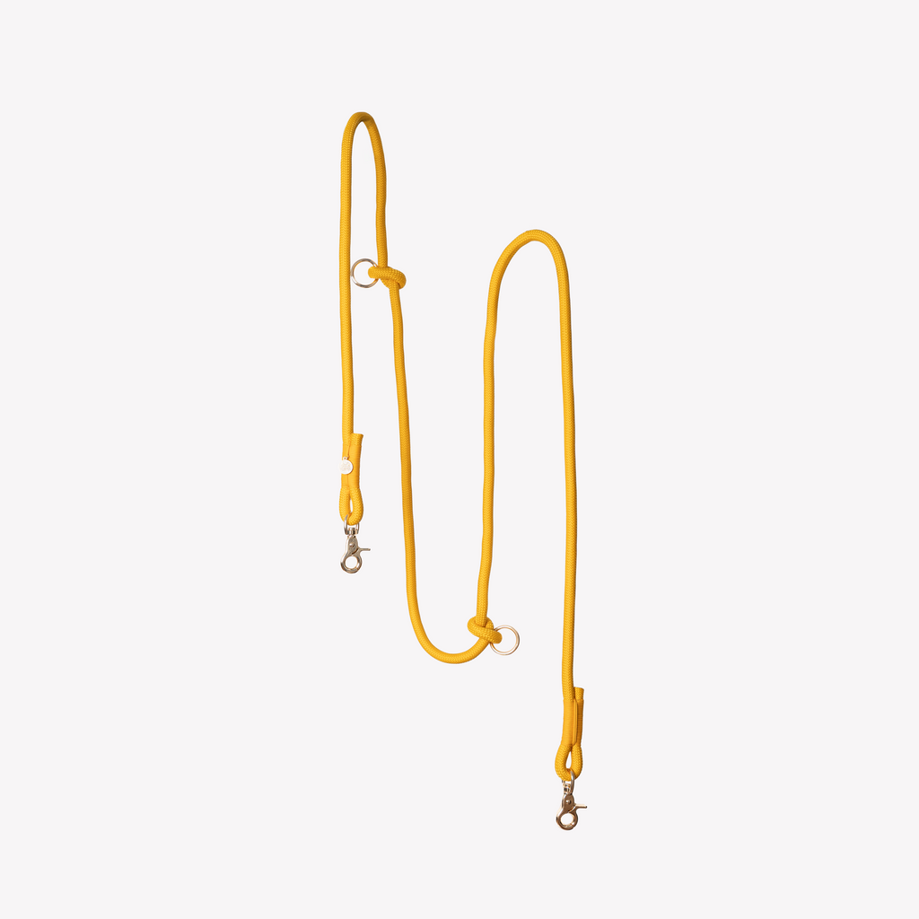 Yellow braided hands-free dog leash with gold hardware against a white background