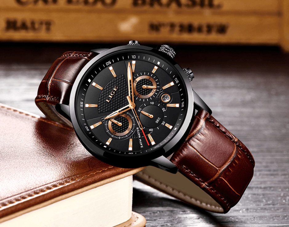 Men's Waterproof Chronograph Sport Watch with Leather Strap