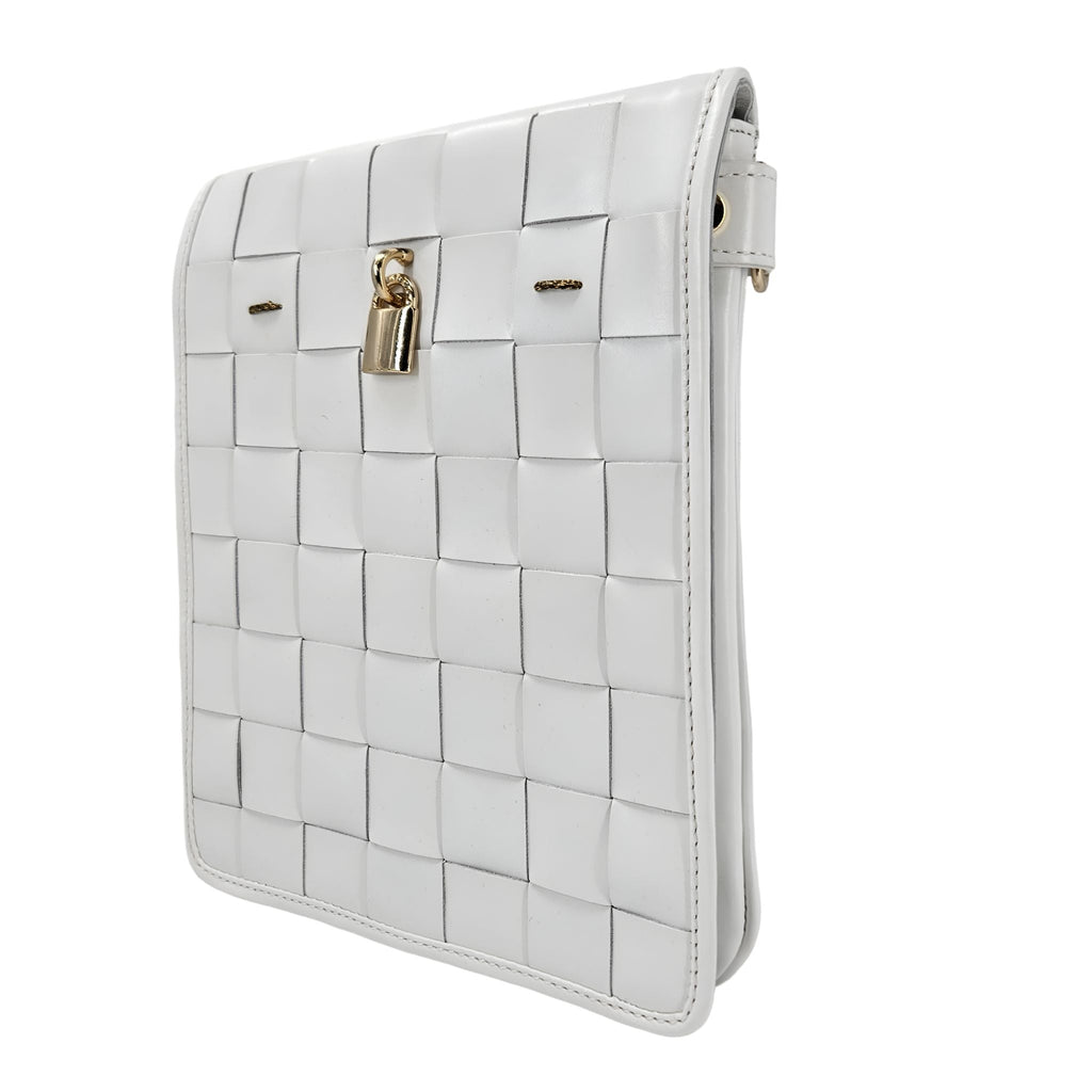 Woven Leather White Crossbody Bag with Signature Lock