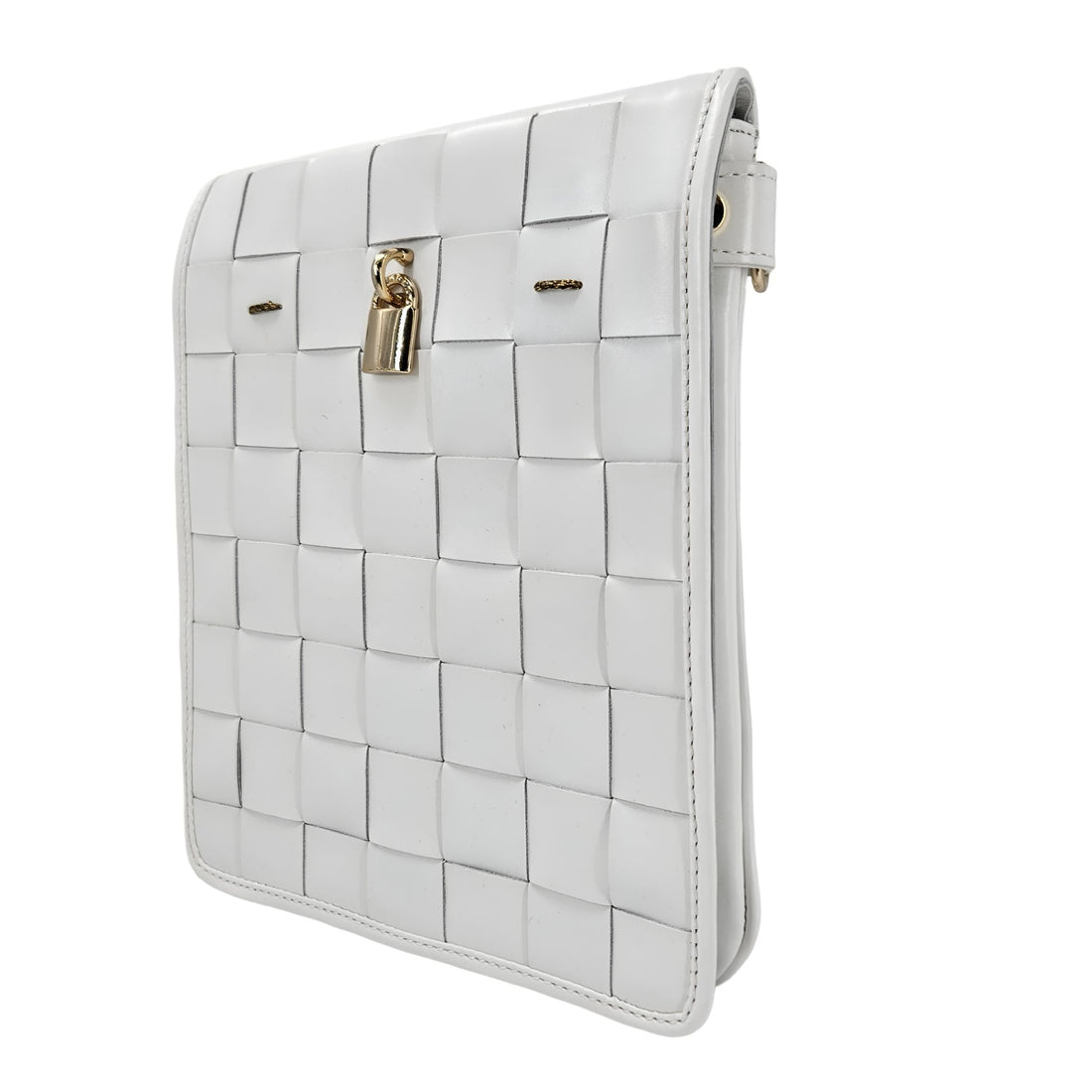 Woven Leather White Crossbody Bag with Signature Lock