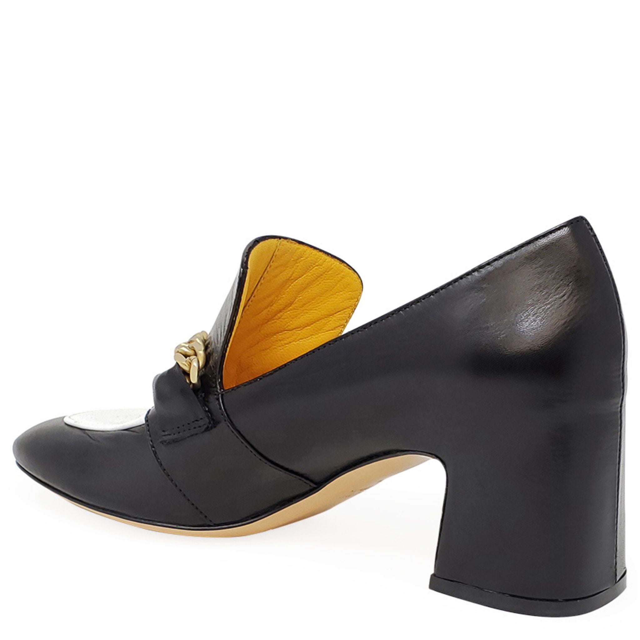 Black & White Leather Mid Heel Loafer W/Chain