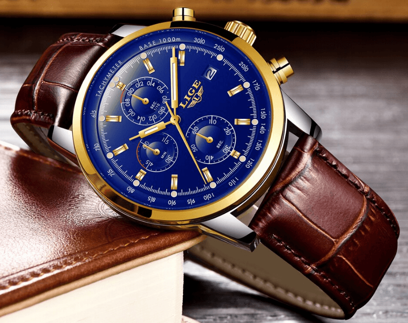 Waterproof Men's Quartz Watch with Chronometers and Brown Strap