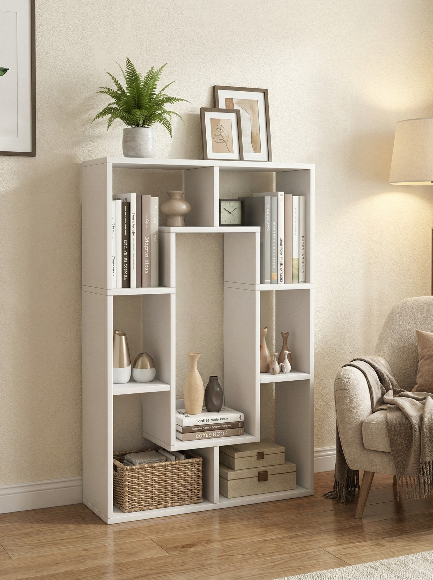 7-Tier tall narrow geometric bookshelf in white and dark gray for small spaces