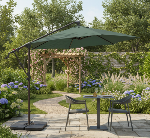 10 ft cantilever patio umbrella with crank mechanism in green, blue, and beige