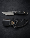 Titan Shadow Scale Damascus hunting knife with black Micarta handle and leather sheath