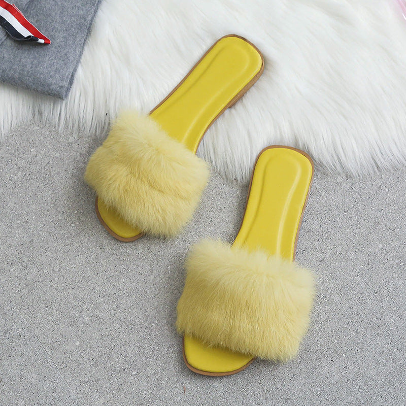 Women’s Faux Fur Slides – Open Toe Fluffy Flat Sandals