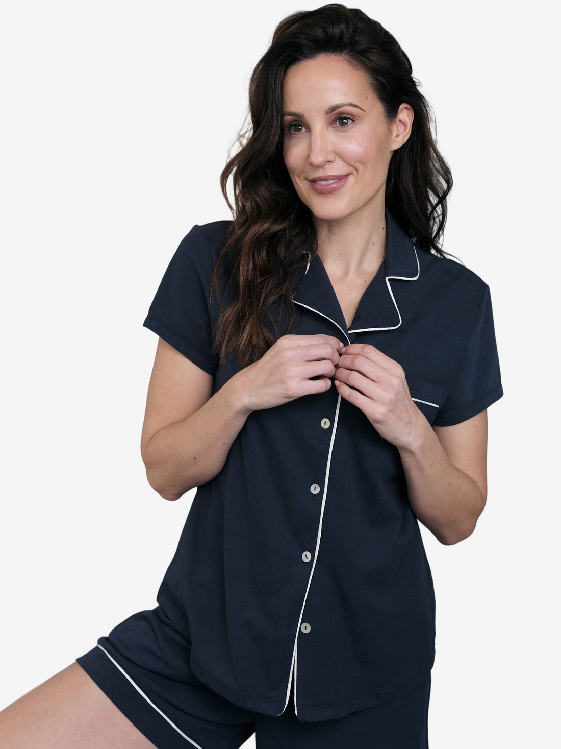 Donna Short Sleeve Button-Down Pajama Shirt in Navy - Image 3