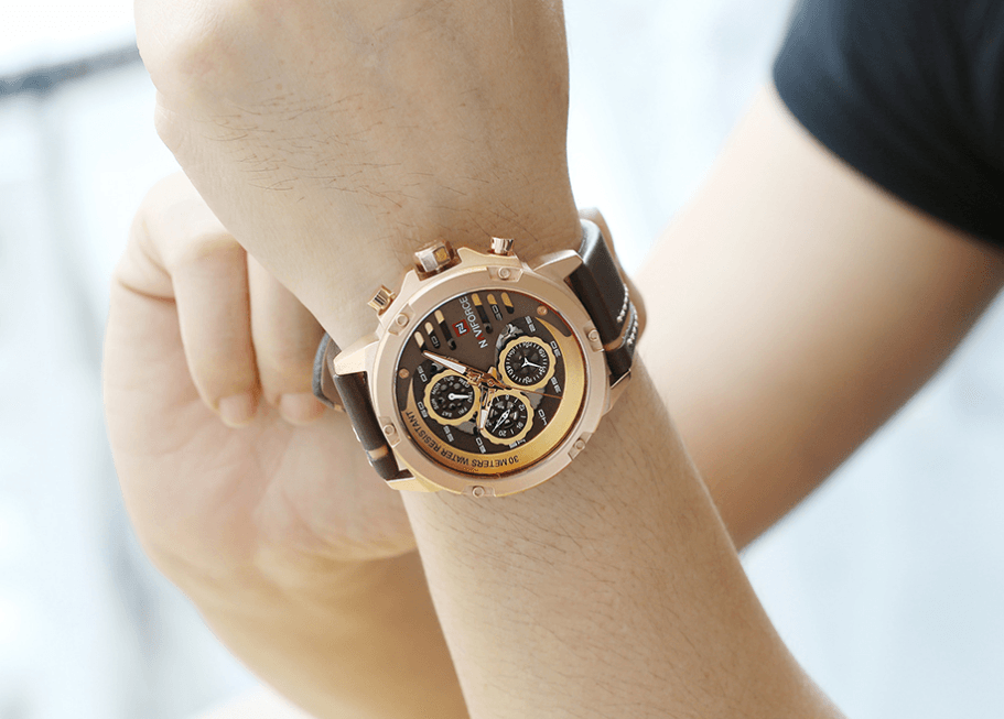 Men's Waterproof Sports Watch with Leather Band & Chronometers