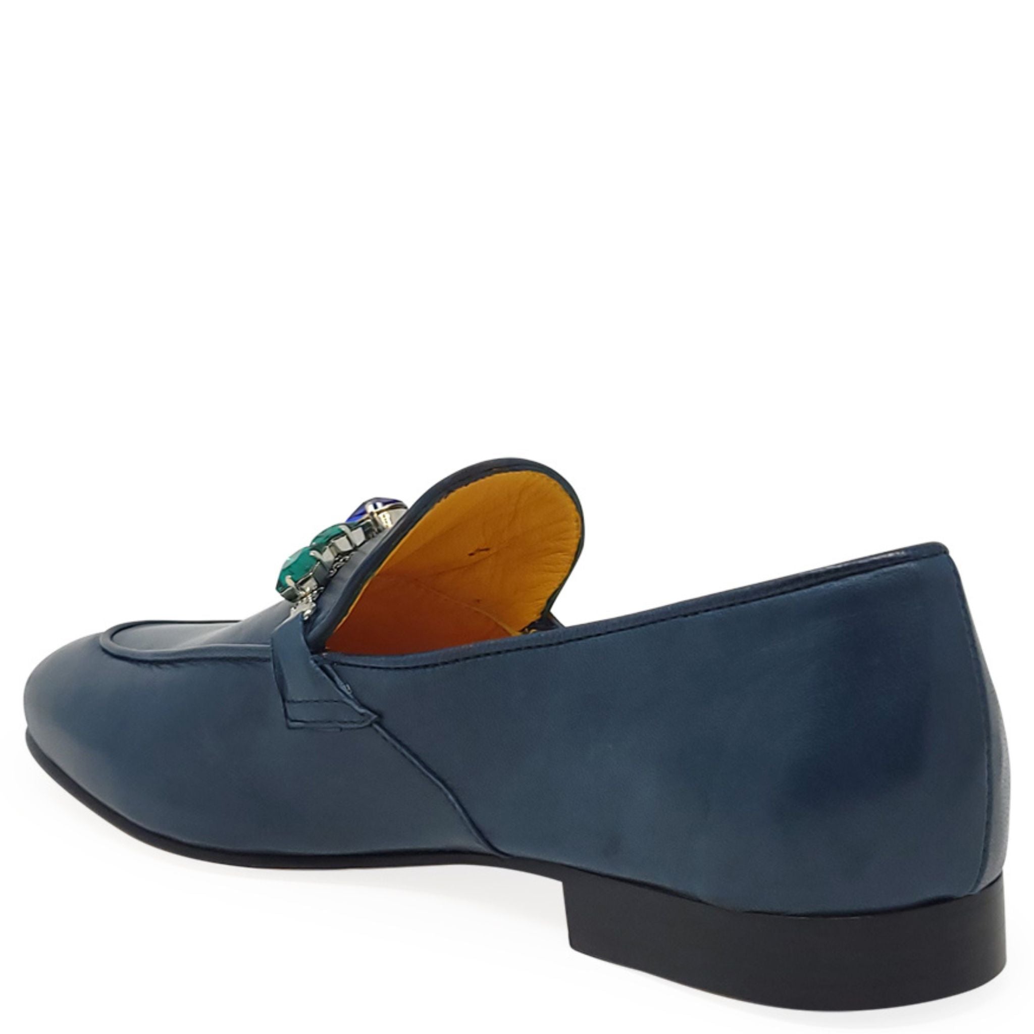 Blue Leather Flat Jeweled Loafer