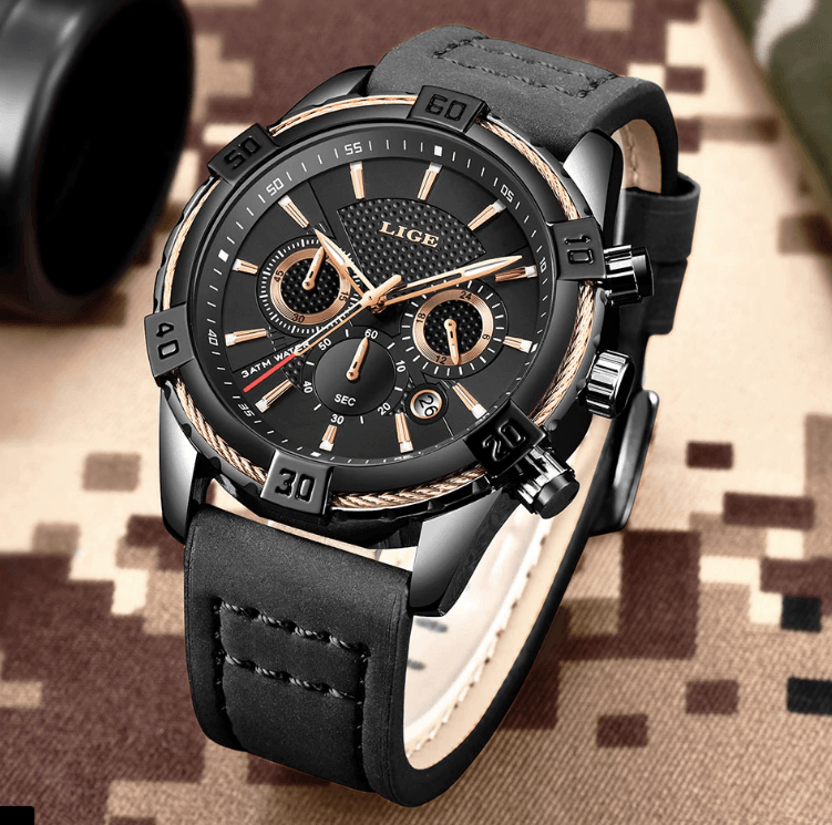 Waterproof Men's Chronograph Watch with Gold Accents and Date
