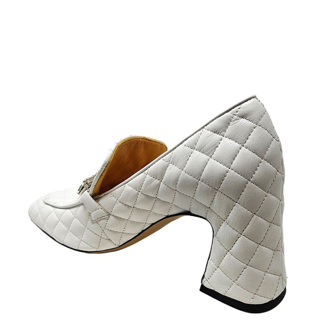 White Quilted Leather Loafer Heels with Jeweled Detail - Image 3