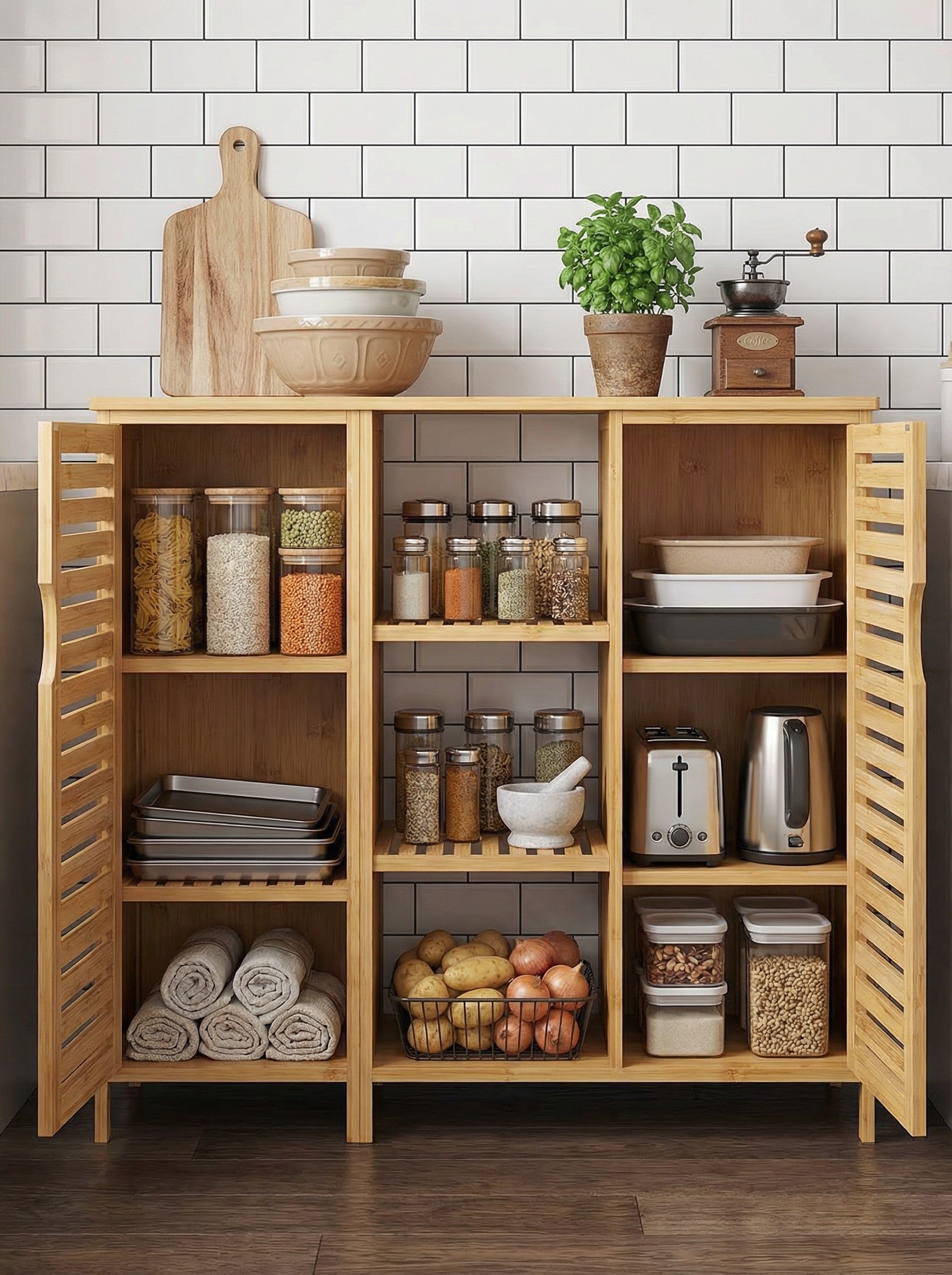 4-Tier Bamboo Floor Cabinet with Doors for Minimalist Storage