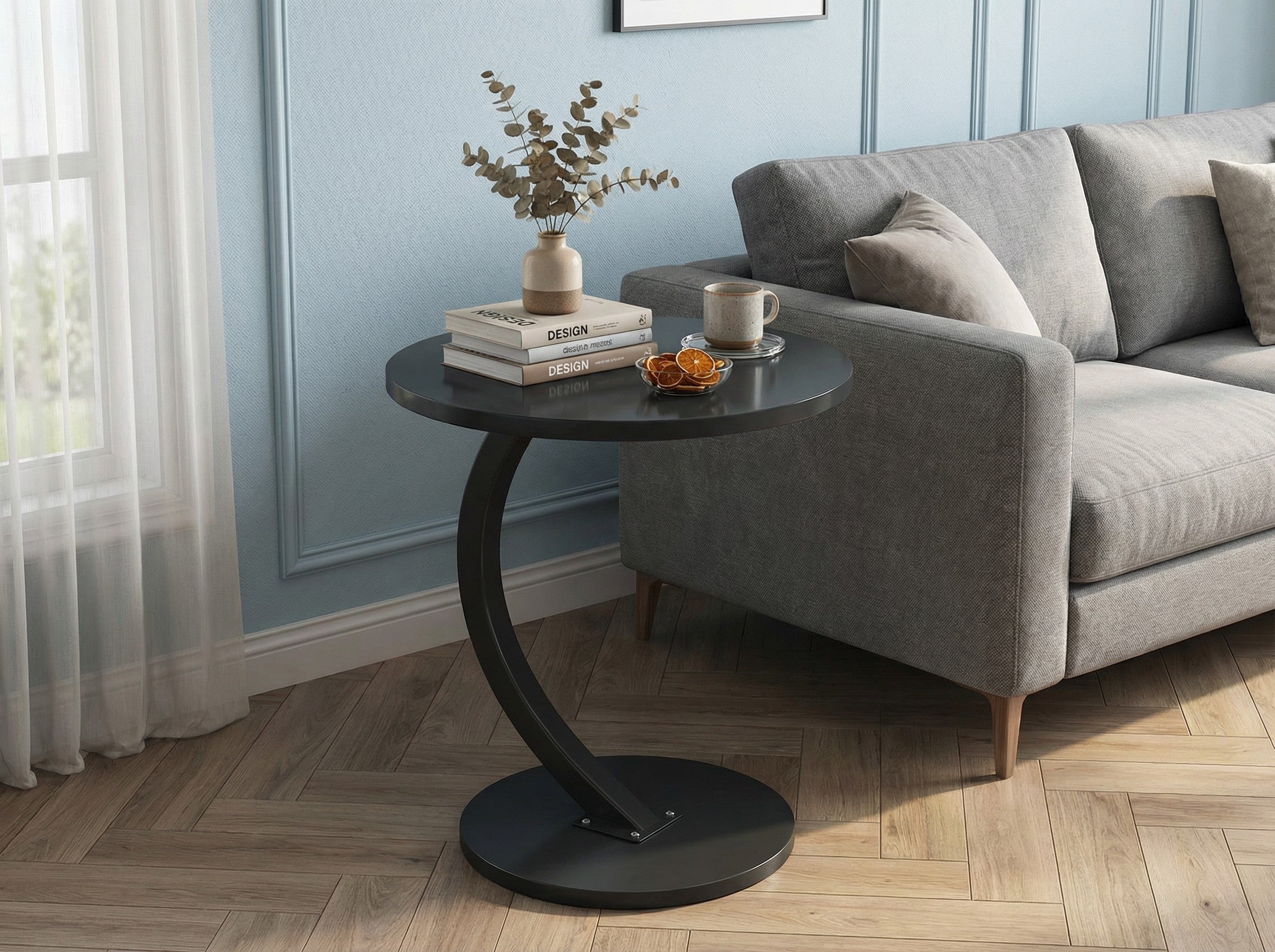 Modern Round Side Table with Wrought Iron Base for Living Room