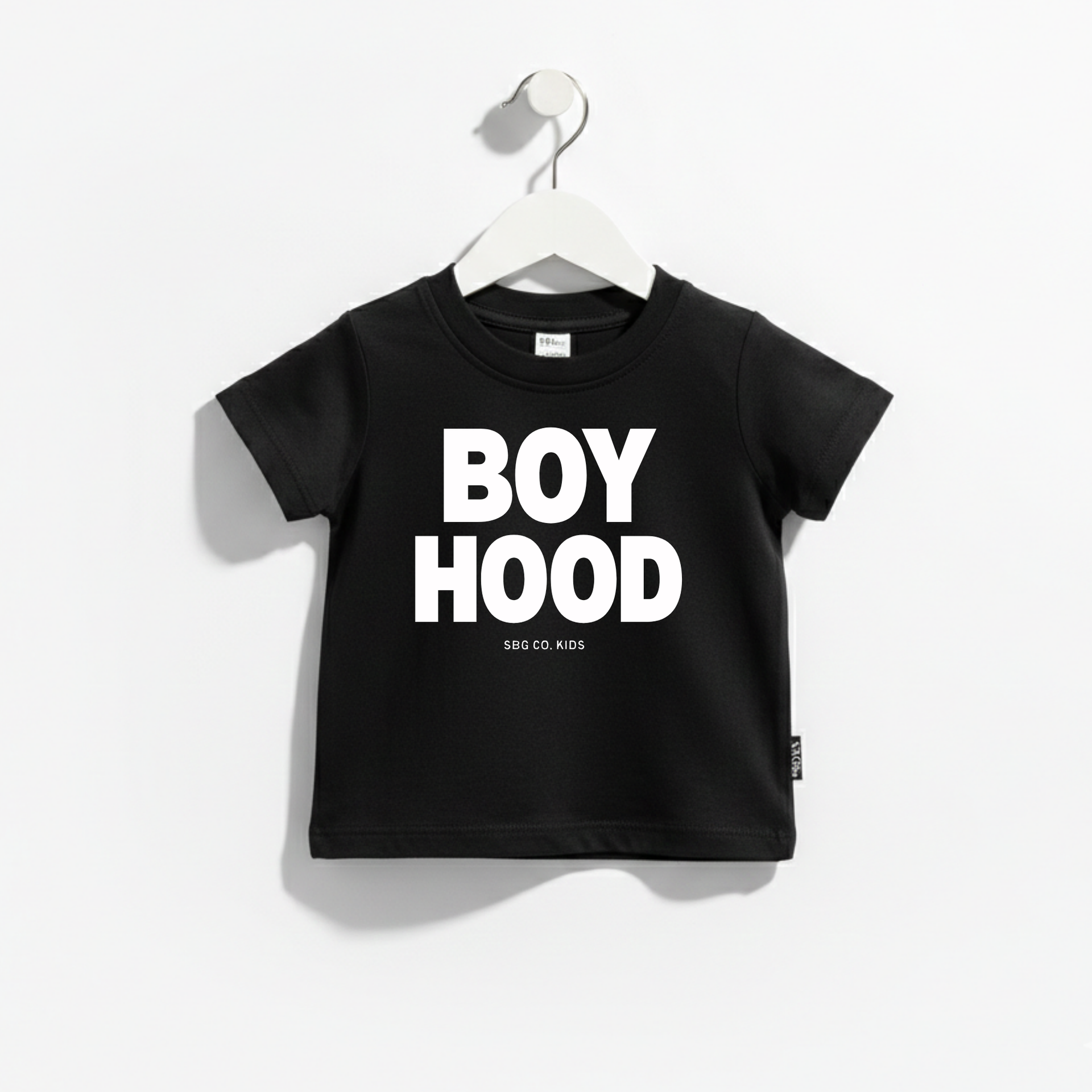 BOYHOOD minimalist graphic tee in black, unisex kids fit