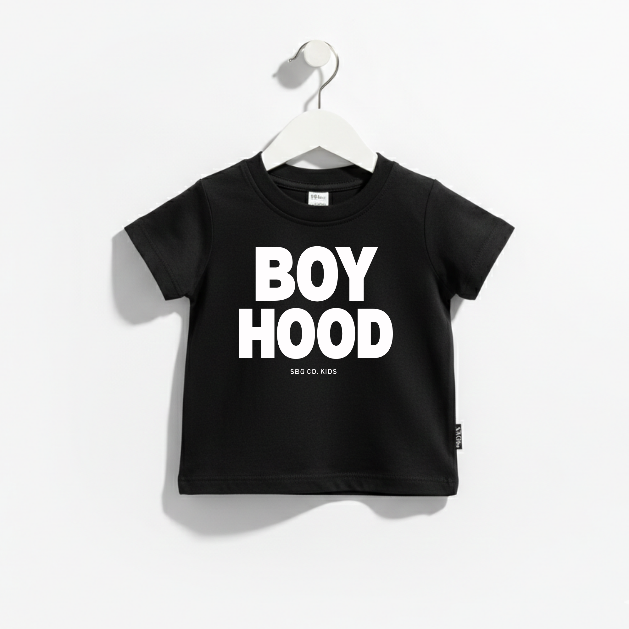 BOYHOOD minimalist graphic tee in black, unisex kids fit