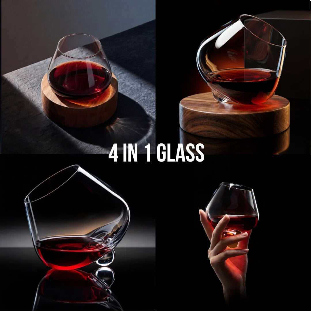 Rotating Crystal Wine Glass with Wooden Coaster for Aeration