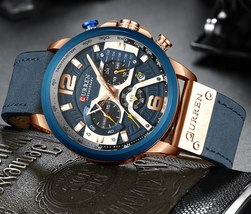 Men's Waterproof Sports Chronograph Watch with Leather Strap