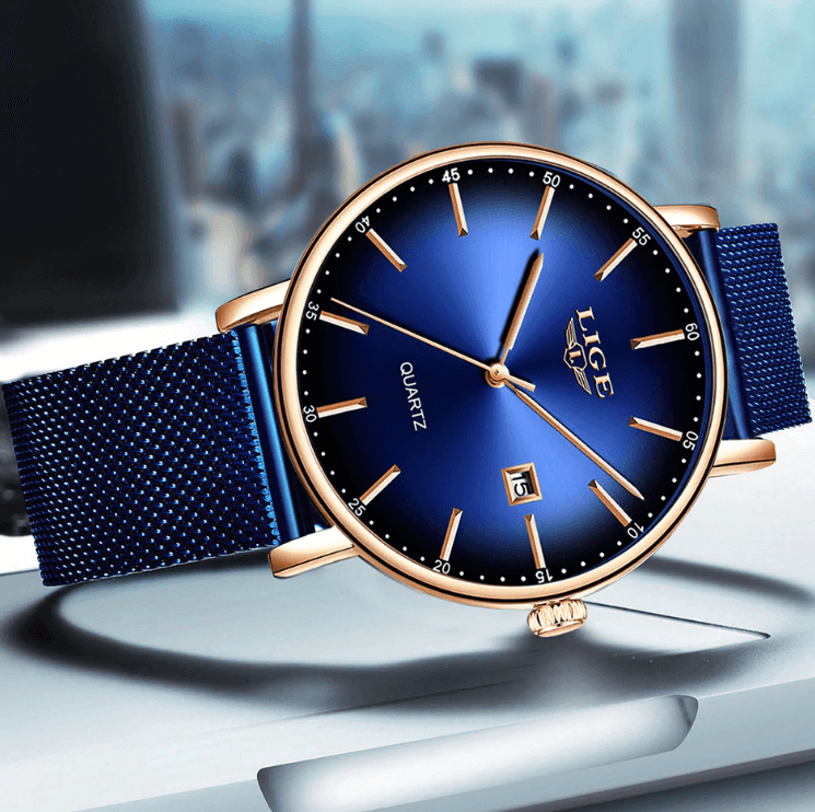 LIGE Men's Elegant Stainless Steel Dress Watch with Date Display