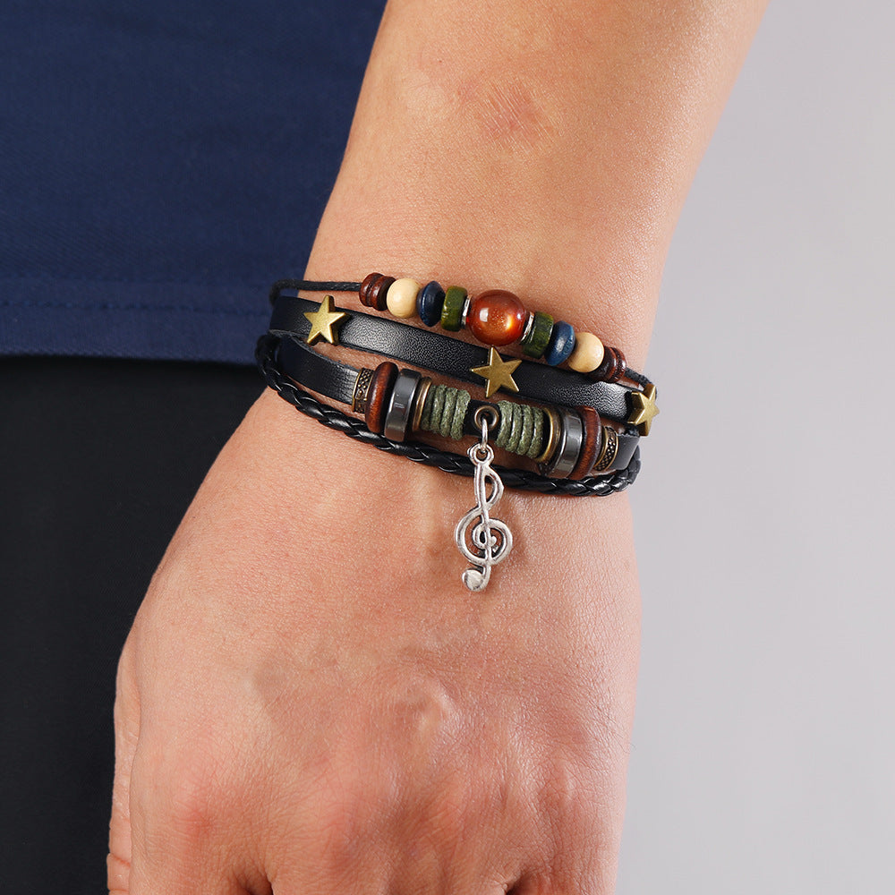 Cross-Border New Jewelry Multi-Layer Beaded Leather Bracelet With Musical Note Pendant, Music Festival Accessories, Hand-Woven