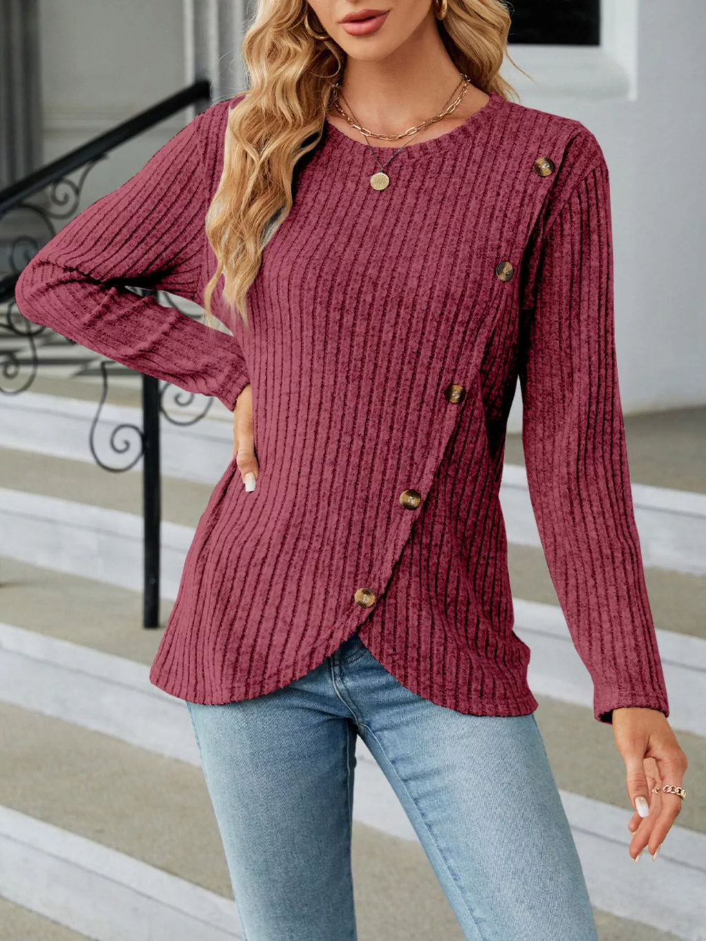 Blue Ribbed Knit Long Sleeve Top with Decorative Button Detail - Image 10