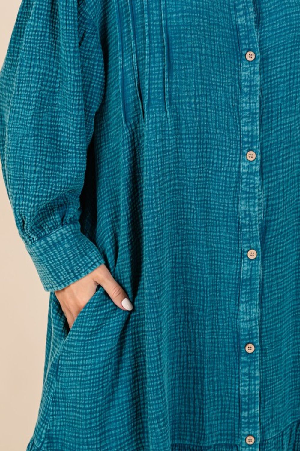 Cotton Gauze Ruffle Midi Shirt Dress in Teal