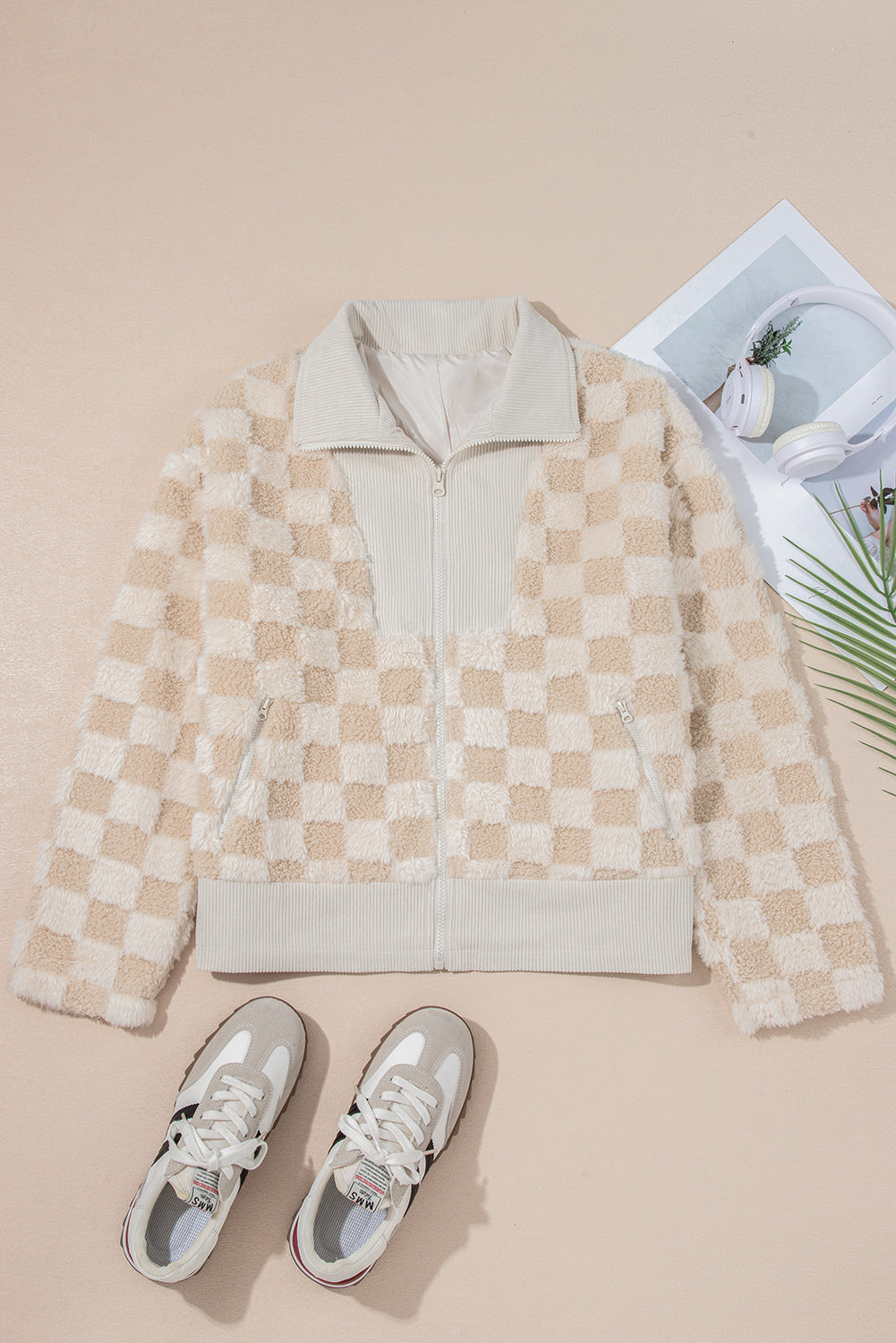 Checker Sherpa Corduroy Patchwork Zip-Up Jacket