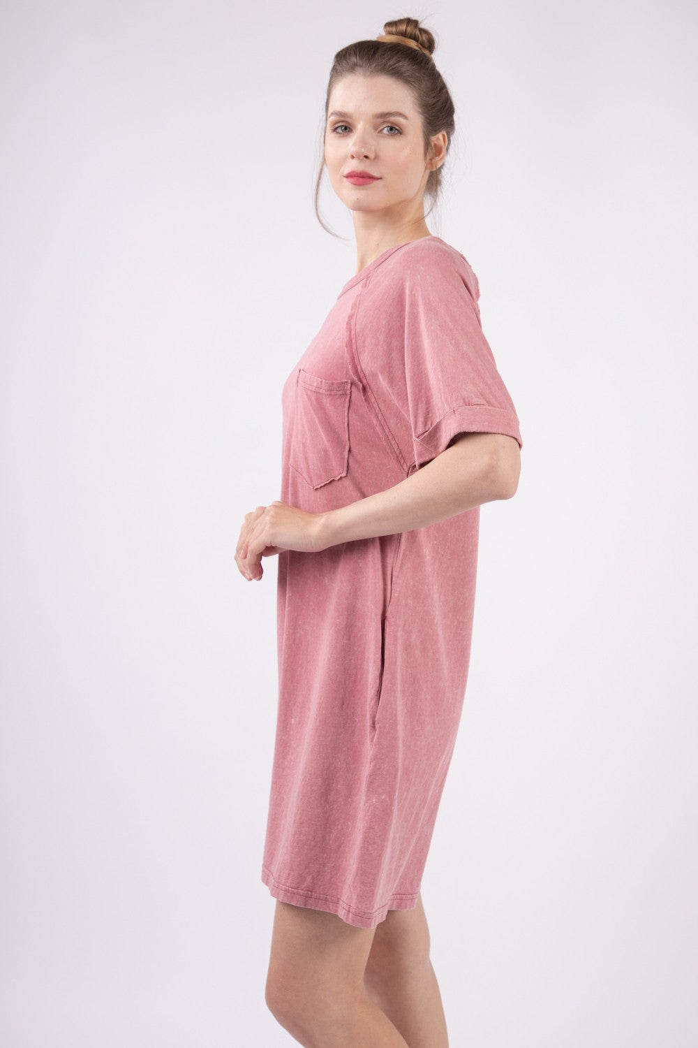 Casual washed round neck mini tee dress with pocket details
