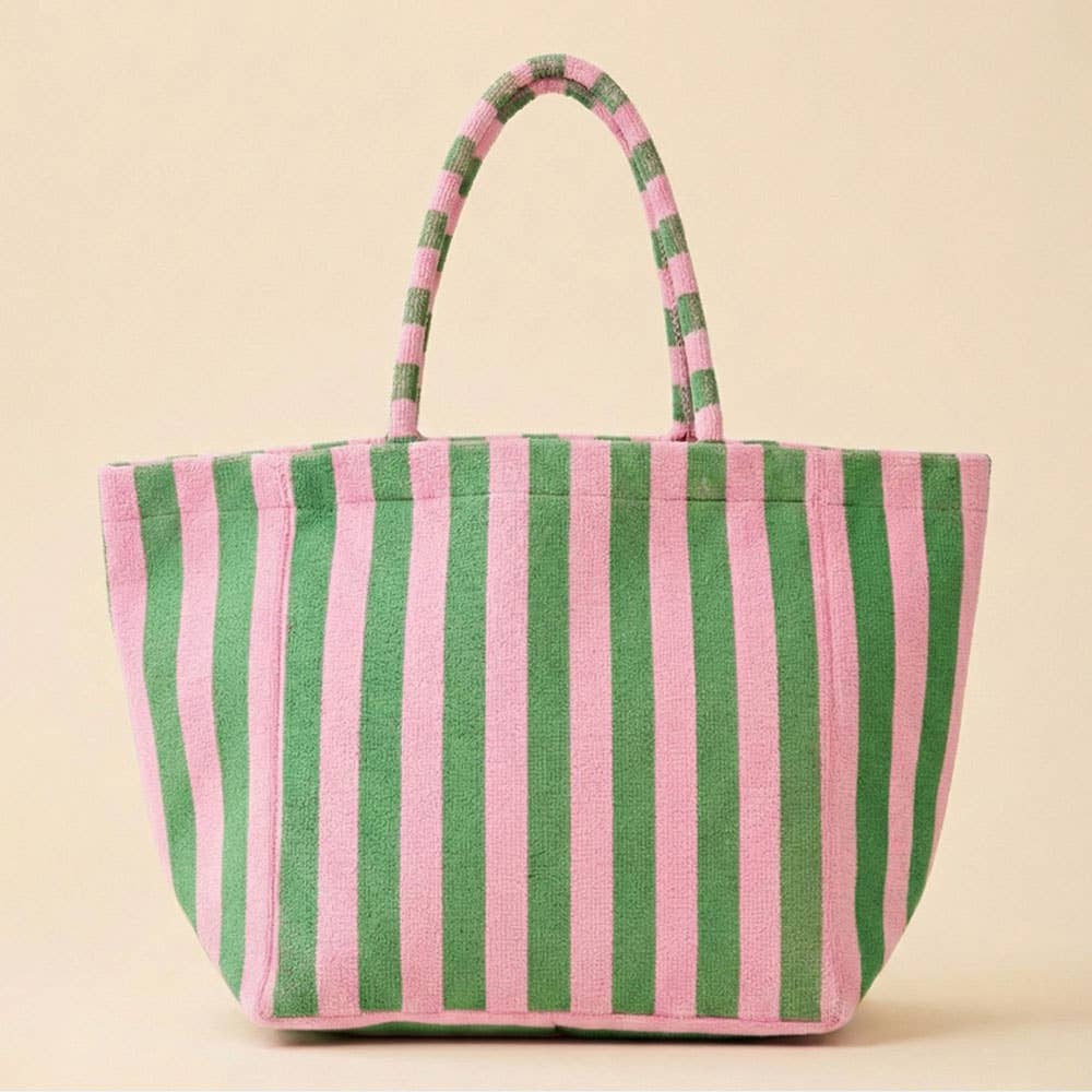 Oversized striped terry beach tote bag with magnetic snap closure and inner pocket