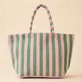 Oversized striped terry beach tote bag with magnetic snap closure and inner pocket