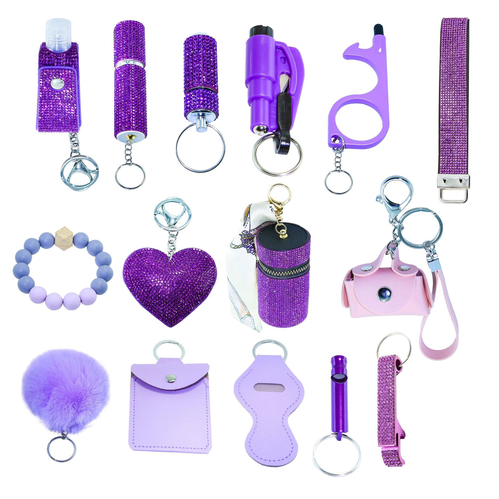 15-Piece Rhinestone Keychain Set, PU Leather Decorative Key Rings