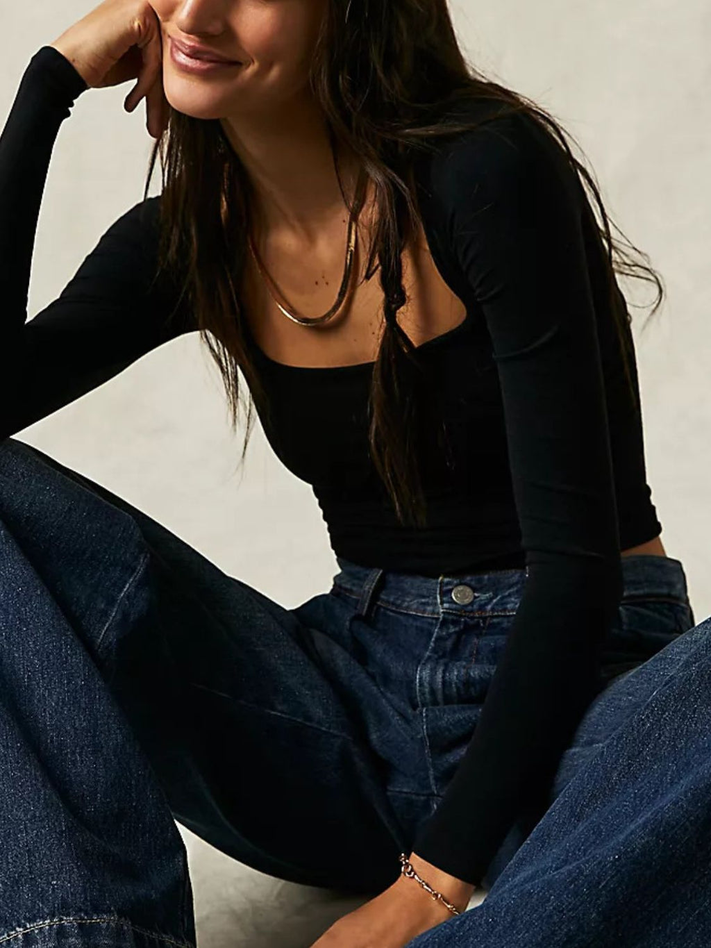 Square Neck Long Sleeve T-Shirt | Grey Fitted Knit Top