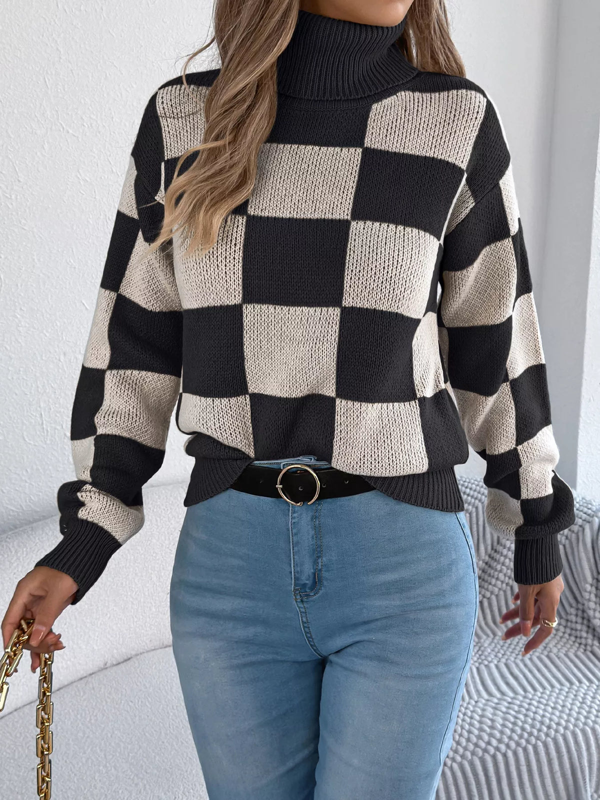 Checkered Turtleneck Long Sleeve Sweater