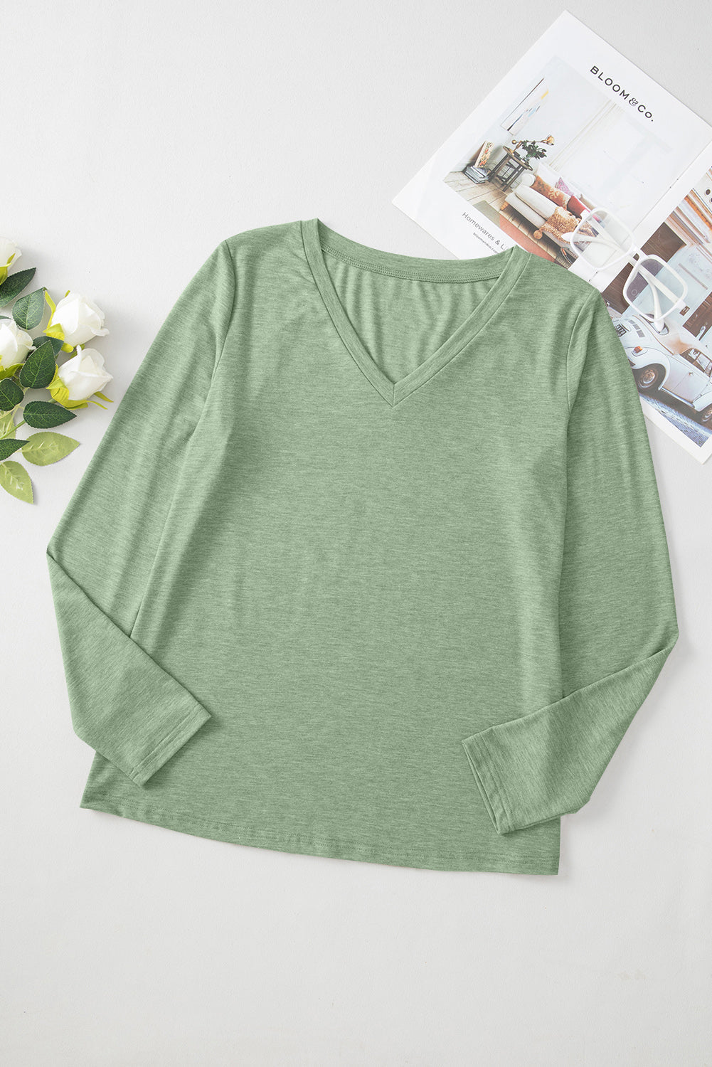 Solid V-Neck Long Sleeve Knit Top