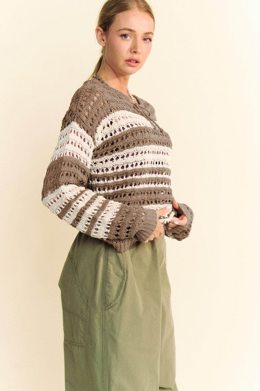 Back To School Sweater - Davi & Dani Contrast Striped Crochet Drop Shoulder Knit Cover Up