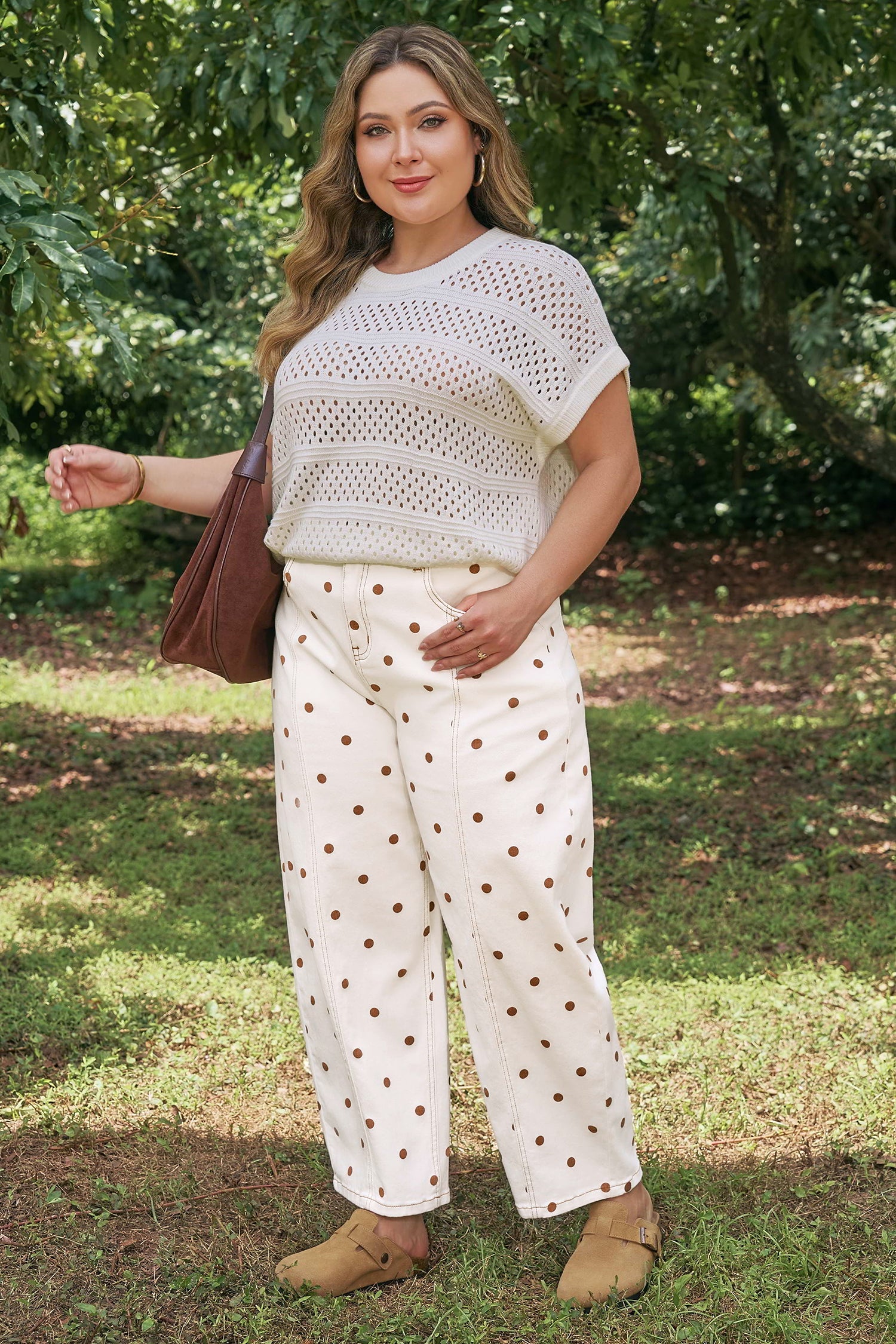 Monroe Dot Print Barrel Wide-Leg Jeans in Off-White and Brown