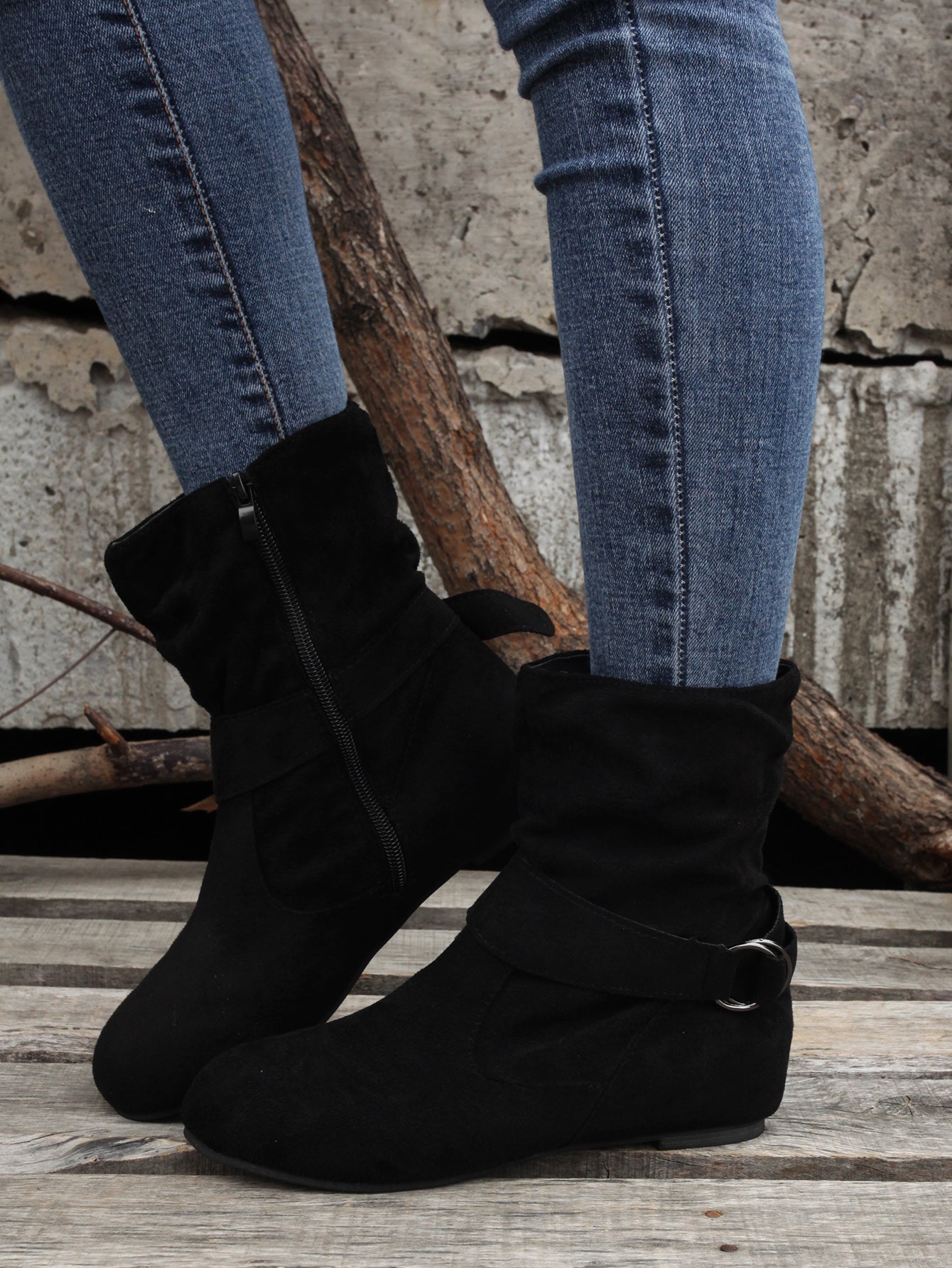 Women's Ankle Boots with Buckle Belt & Side Zip