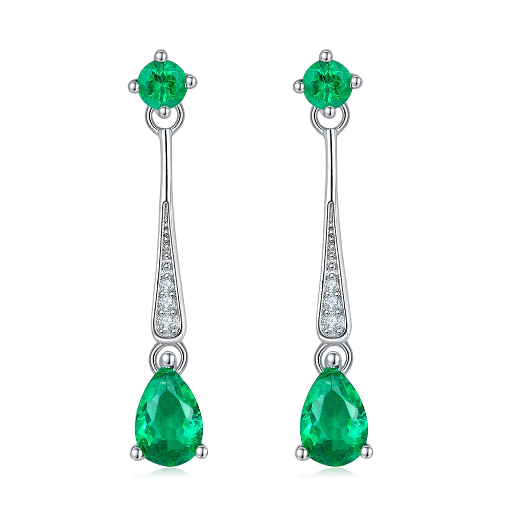 S925 Silver 1.7g Lab-Created Emerald Drop Earrings, 0.5ct 6x4mm Pear & Round, Pair