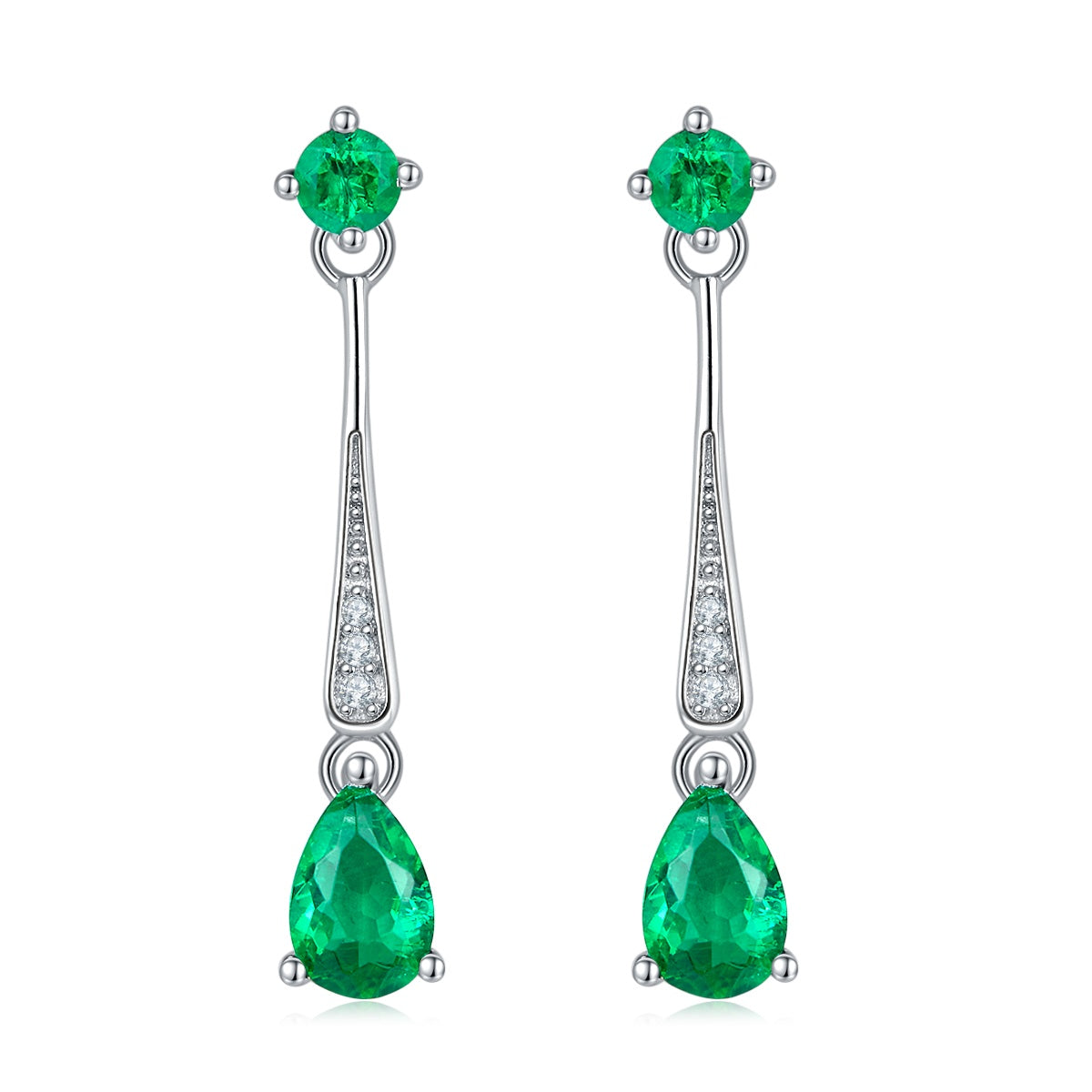 S925 Silver 1.7g Lab-Created Emerald Drop Earrings, 0.5ct 6x4mm Pear & Round, Pair