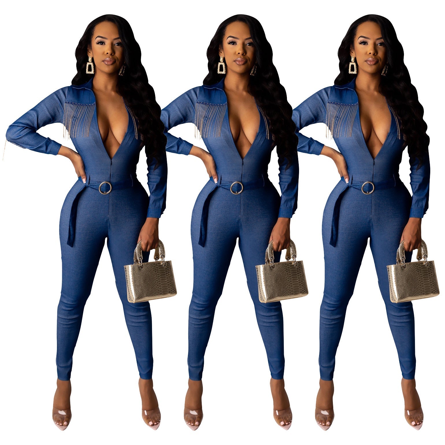 Fashionable Denim Fringed Jumpsuit with Belt